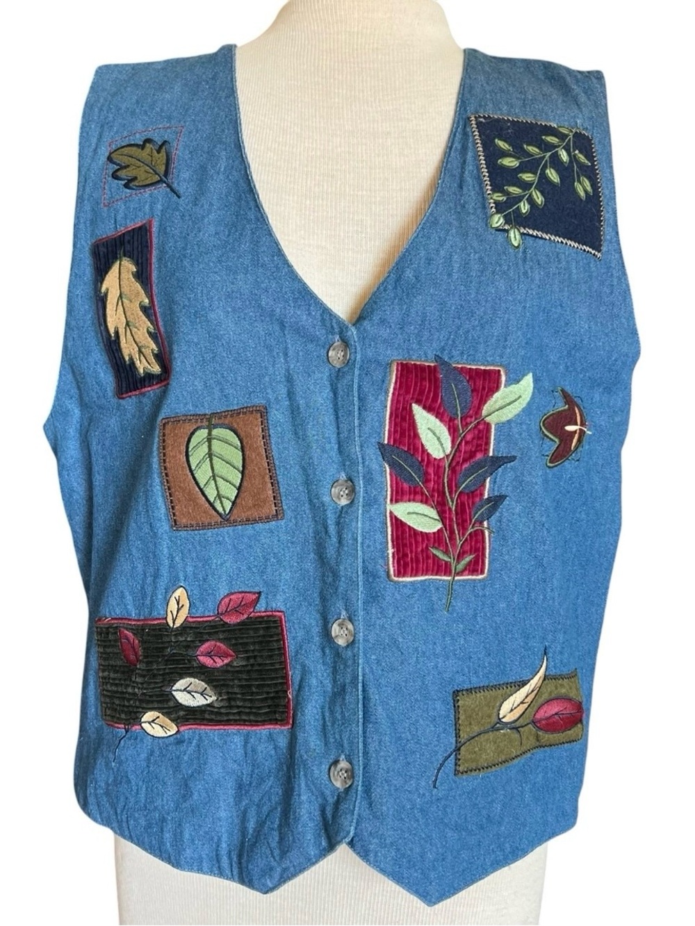 VINTAGE 90s Women's Whimsy Grannycore Fall Patchwork Lightweight Denim Vest Sz L